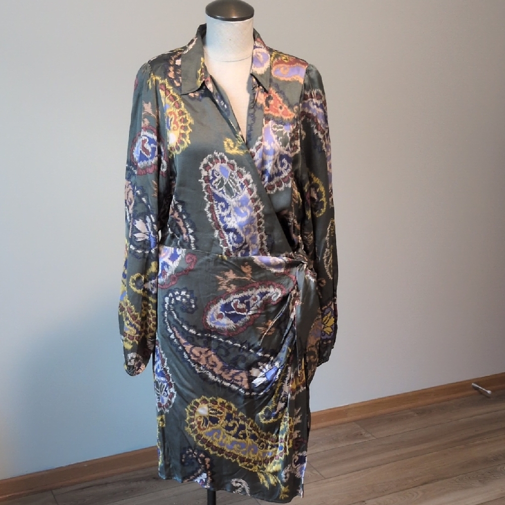 ESQUALO size 12 Multicolor Paisley Long Sleeve Wrap Dress